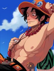 Rule 34 | 1boy, abs, artist name, bead necklace, beads, black eyes, black hair, blush, closed mouth, cloud, cloudy sky, commentary, cowboy hat, dagger, freckles, hand on headwear, hat, highres, jewelry, kimbolt prime, knife, male focus, necklace, one piece, orange hat, outdoors, portgas d. ace, short hair, signature, sky, smile, solo, topless male, weapon