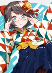 Rule 34 | 1girl, absurdres, alternate costume, bespectacled, black hair, blue eyes, blush, borumete, bow, commentary request, flower, glasses, green eyes, hair bow, hair ornament, highres, hololive, japanese clothes, looking at viewer, new year, oozora subaru, oozora subaru (new year), short hair, solo, virtual youtuber
