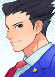 Rule 34 | 1boy, ace attorney, badge, black hair, blue eyes, blue jacket, button badge, cocked eyebrow, collared shirt, formal, grid background, hair slicked back, highres, jacket, looking at viewer, male focus, necktie, phoenix wright, portrait, red necktie, shirt, short hair, smirk, solo, somrk3, spiked hair, suit, white shirt