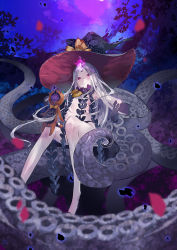 Rule 34 | 1girl, abigail williams (fate), abigail williams (third ascension) (fate), black bow, black gloves, black hat, black panties, bow, closed mouth, commentary request, elbow gloves, fate/grand order, fate (series), gloves, glowing, hat, hat bow, head tilt, long hair, looking at viewer, orange bow, pale skin, panties, parted bangs, polka dot, polka dot bow, purple eyes, revealing clothes, sitting, solo, suction cups, tentacles, topless, underwear, very long hair, white hair, witch hat, yuugen