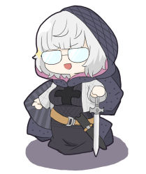 Rule 34 | 1girl, :d, black cloak, black dress, blunt bangs, breasts, chibi, cloak, commentary request, dress, fate/grand order, fate (series), glasses, glint, grey hair, grey jacket, hand on hilt, hood, hood up, hooded cloak, jacket, jacques de molay (foreigner) (fate), long sleeves, looking at viewer, medium breasts, nyaru (nyaru 4126), opaque glasses, open clothes, open jacket, open mouth, shadow, simple background, smile, solo, sword, v-shaped eyebrows, weapon, white background