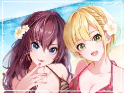 Rule 34 | 2girls, :3, :d, bad id, bad pixiv id, bare shoulders, beach, bikini, bikini top only, blonde hair, blue eyes, blush, border, braid, breasts, brown hair, cleavage, collarbone, day, earrings, eyelashes, finger to mouth, flower, glint, green eyes, hair flower, hair ornament, halterneck, hand up, head tilt, horizon, ichinose shiki, idolmaster, jewelry, lips, long hair, looking at viewer, magako, medium breasts, miyamoto frederica, multiple girls, nail polish, ocean, open mouth, outdoors, pink nails, polka dot, polka dot bikini, polka dot bikini top, short hair, side braid, smile, sparkle, striped bikini, striped bikini top, striped clothes, sweat, swimsuit, upper body, water