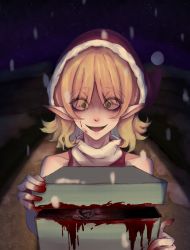 1girl blonde_hair blood blood_on_hands christmas commentary eyes_visible_through_hair gift green_eyes hair_between_eyes hat highres holding holding_gift kano33 looking_at_viewer mizuhashi_parsee open_mouth pointy_ears santa_hat scarf short_hair smile solo touhou upper_body white_scarf