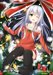 Rule 34 | 10s, 1girl, 2013, :d, ;d, bare shoulders, bell, blush, christmas, christmas ornaments, christmas tree, collarbone, dress, english text, frilled panties, frills, green eyes, happy, highres, holding, holly, knees together feet apart, legs together, long hair, merry christmas, one eye closed, open mouth, original, panties, pantyshot, ribbon, santa costume, shiny skin, silver hair, sitting, smile, solo, sparkle, sweater, sweater dress, thighhighs, tsuchikure, underwear, white panties, wink