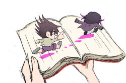 Rule 34 | 2boys, black footwear, blood, blood stain, book, chasing, chibi, coat, coat on shoulders, commentary request, danganronpa (series), danganronpa v3: killing harmony, from behind, grey footwear, grey jacket, grey sleeves, holding, holding book, jacket, long sleeves, male focus, mini person, miniboy, momota kaito, multiple boys, oma kokichi, open book, open mouth, pants, pink blood, pointing, purple coat, purple eyes, purple hair, purple pants, running, shirt, shoes, short hair, simple background, slippers, spiked hat, spoilers, sugi haeru, white background, white pants, white shirt