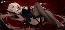 Rule 34 | 1girl, anchorage (azur lane), azur lane, bdsm, black choker, black dress, black gloves, black thighhighs, bondage, bound, choker, dress, gloves, grey hair, looking at viewer, lying, nail, red background, red eyes, solo, thighhighs, thighs, toes, ttosom, twintails