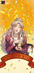 Rule 34 | 2girls, alcohol, anniversary, artist request, balalaika (black lagoon), banner, black lagoon, blonde hair, blush stickers, bottle, brown hair, closed eyes, confetti, english text, formal, mole, mole under eye, multiple girls, official art, open mouth, pout, revy (black lagoon), simple background, smile, suit, wine, wine bottle