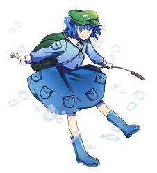 Rule 34 | 1girl, backpack, bag, blue footwear, blue hair, blue shirt, blue skirt, boots, bubble, cattail, closed mouth, commentary request, flat cap, green hat, hair bobbles, hair ornament, hat, highres, kawashiro nitori, key, korean commentary, long sleeves, looking at viewer, plant, pocket, rubber boots, shirt, short hair, simple background, skirt, smile, solo, touhou, two side up, white background, xvx x0x