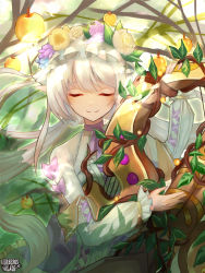Rule 34 | 1girl, apple, copyright name, closed eyes, facing viewer, flower, food, fruit, hair flower, hair ornament, holding, holding instrument, instrument, kerberos blade, long hair, long sleeves, official art, plant, pointy ears, smile, solo, tengu style, twintails, upper body, very long hair, white hair