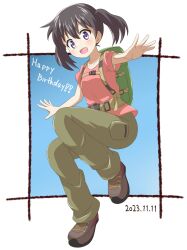 Rule 34 | !, !!, 1girl, 2023, absurdres, armpits, backpack, bag, birthday, black hair, blush, collarbone, dated, dot nose, english text, female focus, green pants, happy sex, highres, hiking boots, hiking outfit, kuraue hinata, medium hair, nanog eb1994, open mouth, outstretched arms, pants, purple eyes, shirt, short-sleeved shirt, short sleeves, solo, t-shirt, yama no susume