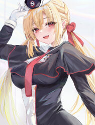 Rule 34 | 1girl, :d, absurdres, adjusting clothes, adjusting headwear, arihara nanami, arm at side, arm up, black capelet, black hat, black shirt, blonde hair, blush, bow, braid, breasts, bright pupils, capelet, chinese commentary, commentary request, crossed bangs, eyelashes, eyes visible through hair, fang, garrison cap, gloves, hair between eyes, hair bow, hair ribbon, hand up, hat, highres, impossible clothes, long hair, looking at viewer, low twintails, lshiki, medium breasts, necktie, open mouth, red bow, red eyes, red necktie, red ribbon, ribbon, riddle joker, shirt, side braid, simple background, smile, solo, teeth, tsurime, twintails, upper body, upper teeth only, very long hair, white background, white gloves