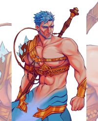 Rule 34 | 1boy, armor, bara, bare pectorals, beard, chinstrap beard, connected beard, coral island, cropped legs, facial hair, frown, full beard, green eyes, grey hair, highres, holding, holding polearm, holding weapon, large pectorals, male focus, mature male, merman, monster boy, muscular, muscular male, mustache, nipples, pauldrons, pectorals, polearm, scar, scar on face, scar on forehead, semeru (coral island), serious, short hair, shoulder armor, single pauldron, solo, thick eyebrows, thom sketching, veins, veiny arms, weapon, white background