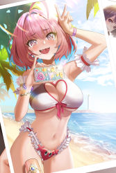 Rule 34 | @ @, absurdres, ahoge, arm up, bangle, bare shoulders, beach, bikini, blue hair, blue sky, blush, bracelet, breasts, cloud, cowboy shot, crying, crying with eyes open, day, earrings, fang, frilled bikini, frills, gluteal fold, hair intakes, heart, highres, holding, holding phone, holding photo, idolmaster, idolmaster cinderella girls, jewelry, k.pumpkin, large breasts, multicolored hair, navel, nervous smile, ocean, open mouth, outdoors, palm tree, phone, photo (object), pill earrings, pink eyes, pink hair, pink ribbon, ribbon, sand, short hair, sky, smile, swimsuit, tareme, tears, tongue, tree, two-tone hair, underboob, water, wavy mouth, white bikini, wristband, yumemi riamu