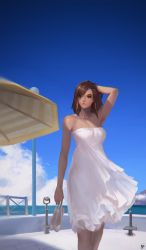 Rule 34 | 1girl, arm up, artist name, beach umbrella, blue sky, breasts, brown eyes, brown hair, closed mouth, cloud, collarbone, cowboy shot, dark-skinned female, dark skin, day, dress, expressionless, facial tattoo, hair tubes, hand in own hair, holding, holding shoes, horizon, instant ip, lips, looking to the side, medium breasts, ocean, overwatch, overwatch 1, pharah (overwatch), shoes, unworn shoes, sky, solo, standing, strapless, strapless dress, summer, tattoo, umbrella, water, white dress