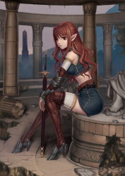 Rule 34 | 1girl, bare shoulders, boots, crop top, detached sleeves, fantasy, high heels, highres, long hair, midriff, miniskirt, original, pointy ears, red eyes, red hair, ruins, sitting, skirt, solo, sword, thigh boots, thighhighs, wavy hair, weapon, white thighhighs, youbou, zettai ryouiki