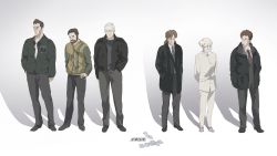 Rule 34 | 6+boys, 946083d1, aramaki daisuke, arms behind back, batou (gits), beard, belt, black coat, black eyes, black footwear, black jacket, brown eyes, brown hair, character request, closed mouth, coat, facial hair, film grain, frown, ghost in the shell, goatee, green necktie, grey footwear, grey hair, hand in pocket, hand on own hip, hands in pockets, highres, jacket, looking at another, medium hair, multiple boys, necktie, old, old man, open clothes, open jacket, red necktie, sideburns, sleeves past wrists, smile, standing, togusa (gits), white hair, zipper, zipper pull tab