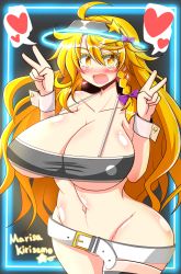 Rule 34 | 1girl, ahoge, belt, blonde hair, blush, bottomless, braid, breasts, character name, collarbone, colored eyelashes, convenient censoring, curvy, double v, fang, hat, heart, highres, huge breasts, kirisame marisa, large breasts, long hair, navel, no panties, open mouth, partially visible vulva, peaked cap, rindou (p41neko), side braid, single thighhigh, solo, spoken heart, thighhighs, touhou, v, wide hips, yellow eyes