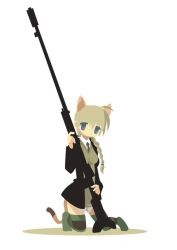 Rule 34 | 1girl, ahoge, animal ears, anti-materiel rifle, braid, cat ears, cat tail, chibi, gun, kamereon three, kneeling, lynette bishop, military, military uniform, rifle, sniper rifle, solo, strike witches, striped clothes, striped thighhighs, sweater, tail, thighhighs, uniform, weapon, world witches series