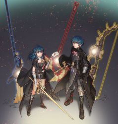 Rule 34 | 1boy, 1girl, armor, axe, black gloves, black shorts, blue eyes, blue hair, bow (weapon), byleth (female) (fire emblem), byleth (fire emblem), byleth (male) (fire emblem), cape, closed mouth, clothing cutout, drawingddoom, envelope, fire emblem, fire emblem: three houses, gloves, highres, holding, holding sword, holding weapon, navel, navel cutout, nintendo, polearm, short hair, short shorts, shorts, smash invitation, smile, super smash bros., sword, weapon