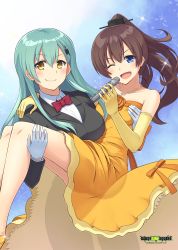 Rule 34 | 10s, 2girls, alternate costume, aqua eyes, aqua hair, bad id, bad pixiv id, breasts, brown hair, carrying, dress, elbow gloves, formal, gloves, hair ornament, hairclip, jewelry, kantai collection, kumano (kancolle), lapels, long dress, long hair, microphone, multiple girls, necklace, necktie, notched lapels, oyaji-sou, ponytail, princess carry, smile, suit, suzuya (kancolle), tuxedo, white gloves, yellow eyes, yellow gloves
