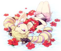 Rule 34 | 1girl, blonde hair, covered navel, elise (fire emblem), fire emblem, fire emblem fates, fire emblem heroes, flower necklace, hair ribbon, hiyori (rindou66), lei, long hair, looking at viewer, nintendo, purple eyes, ribbon, smile, solo, swimsuit, twintails, water, white background