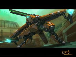 Rule 34 | arm cannon, bottoms1237, firing, flying, from below, glowing, highres, letterboxed, magnetic weapon, mecha, no humans, original, railgun, robot, science fiction, solo, visor, weapon, wings