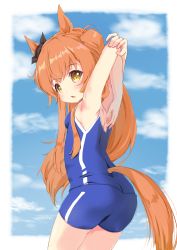 Rule 34 | 1girl, animal ears, armpits, arms behind head, arms up, ass, bare arms, bare shoulders, black ribbon, blue one-piece swimsuit, blush, bow, brown eyes, chestnut mouth, clip studio paint (medium), commentary request, day, ear ribbon, has bad revision, has cropped revision, highres, horse ears, horse girl, horse tail, long hair, maru shion, mayano top gun (umamusume), md5 mismatch, one-piece swimsuit, orange hair, outside border, parted lips, resolution mismatch, revision, ribbon, solo, source smaller, stretching, swimsuit, tail, thighs, two side up, umamusume, very long hair