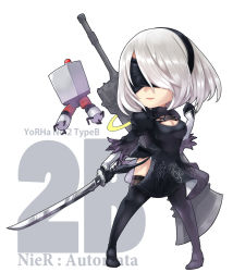 Rule 34 | 1girl, black dress, black footwear, black thighhighs, blindfold, boots, breasts, character name, chibi, cleavage, copyright name, dress, highres, kuronekozero, mole, mole under mouth, nier (series), nier:automata, pod (nier:automata), silver hair, sword, thigh boots, thighhighs, weapon, 2b (nier:automata)