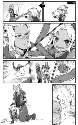 Rule 34 | 1boy, 1girl, child, elf, facepaint, fighting, fighting stance, horns, long hair, monochrome, pointy ears, rayla (the dragon prince), runaan (the dragon prince), silver hair, smile, stick, the dragon prince, water