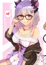 Rule 34 | 1girl, nanashi inc., :p, alternate costume, alternate hairstyle, bespectacled, blurry, blurry background, blush, breasts, casual, cleavage, collarbone, commentary request, double bun, glasses, hair bun, hair ornament, hairclip, heart, highres, honey strap, jewelry, looking at viewer, nanamagaru, necklace, red eyes, silver hair, solo, spoken heart, suou patra, tongue, tongue out, virtual youtuber