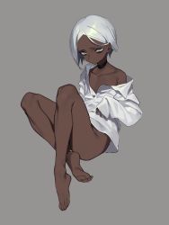 Rule 34 | 1girl, absurdres, amrkdrw, bags under eyes, bare legs, barefoot, black choker, blue eyes, bottomless, choker, closed mouth, collarbone, dark-skinned female, dark skin, feet, fingernails, flat chest, full body, grey background, highres, legs, long sleeves, looking at viewer, off shoulder, original, shirt, short hair, silver hair, single bare shoulder, sleeves past fingers, sleeves past wrists, soles, solo, toe scrunch, toes, white shirt