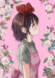 Rule 34 | 1girl, blush, brown hair, bug, butterfly, floral background, flower, from side, grey eyes, hairband, highres, insect, kiki (majo no takkyuubin), leaf, majo no takkyuubin, pink background, pink flower, red flower, red hairband, saya (mychristian2), short sleeves, solo