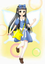 Rule 34 | 1girl, :d, bag, black hair, blue bow, blue dress, blunt bangs, blush, bow, brown footwear, bubble, buttons, casual, collarbone, commentary request, dress, fairy, fairy wings, frilled sleeves, frills, full body, hair bow, highres, loafers, long hair, looking at viewer, open mouth, puffy short sleeves, puffy sleeves, ribbon, shoes, short sleeves, shoulder bag, sidelocks, smile, solo, standing, standing on one leg, star (symbol), star sapphire, tareme, thighhighs, tiptoes, touhou, very long hair, white bow, white ribbon, white thighhighs, wings, yellow eyes