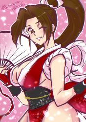 Rule 34 | 1girl, breasts, brown hair, cleavage, female focus, folding fan, hand fan, highres, holding, holding fan, large breasts, long hair, looking at viewer, ninja, one eye closed, ponytail, shiranui mai, smile, snk, the king of fighters, wink