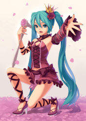 Rule 34 | 1girl, crown, fkey, flower, hair flower, hair ornament, hatsune miku, high heels, highres, long hair, microphone, nail polish, outstretched arms, petals, project diva (series), project diva 2nd, ribbon, romeo to cinderella (vocaloid), rose, shoes, solo, vocaloid