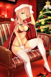 Rule 34 | 10s, 1girl, alternate costume, armchair, bad id, bad pixiv id, bauble, between legs, bikini, black bikini, blonde hair, bottle, box, breasts, candle, cape, chair, christmas, christmas ornaments, christmas tree, cleavage, cup, cupboard, drinking glass, fire, framed, gift, gift box, gloves, green eyes, hair ornament, hand between legs, hand on headwear, hat, high heels, highres, holding, holding cup, holding drinking glass, indoors, kantai collection, long hair, looking at viewer, low twintails, medium breasts, nanai, navel, picture frame, prinz eugen (kancolle), red cape, red footwear, red hat, santa costume, santa hat, shoes, sitting, solo, star (symbol), string bikini, striped, swimsuit, thighhighs, twintails, white gloves, white hair, white thighhighs, wine bottle, wine glass