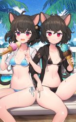 Rule 34 | 2girls, absurdres, animal ears, bell, bikini, black bikini, black bow, black hair, black jacket, blade &amp; soul, blue bikini, blush, bow, breasts, cat ears, cat girl, cat tail, closed mouth, collared shirt, commentary, commission, day, double scoop, drawstring, fang, food, food on face, groin, hair bell, hair between eyes, hair bow, hair ornament, highres, holding, holding food, hood, hood down, hooded jacket, ice cream, ice cream cone, jacket, jingle bell, kuang1104, kuang (kzhw7588), long sleeves, looking at viewer, medium breasts, mole, mole under eye, multiple girls, navel, open clothes, open jacket, open mouth, open shirt, outdoors, palm tree, red eyes, shirt, short sleeves, side-tie bikini bottom, sitting, swimsuit, symbol-only commentary, tail, tree, wavy mouth, white shirt