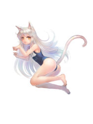 Rule 34 | absurdres, animal ears, ass, bad id, bad pixiv id, barefoot, brown eyes, cat ears, full body, highres, long hair, original, paw pose, school swimsuit, silver hair, simple background, smile, solo, swimsuit, tail, white background, zonekiller10