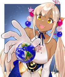 Rule 34 | 1girl, breasts, collarbone, dark-skinned female, dark skin, earth (planet), elbow gloves, gloves, hair ornament, halterneck, highres, hololive, hololive english, large breasts, light brown hair, limiter (tsukumo sana), long hair, open mouth, planet, planet hair ornament, signature, smile, solo, takuji yuusaku, tsukumo sana, tsukumo sana (1st costume), twintails, very long hair, virtual youtuber, white gloves, yellow eyes