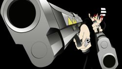 Rule 34 | 00s, 1boy, absurdres, angry, black background, black hair, blood, blood on face, death the kid, dual wielding, fighting stance, foreshortening, gun, hair between eyes, handgun, highres, holding, jewelry, long image, looking at viewer, male focus, multicolored hair, pistol, ring, short hair, simple background, skull, solo, soul eater, striped, two-tone hair, weapon, white hair, wide image, yellow eyes