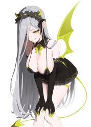 Rule 34 | 1girl, absurdres, bad id, bad twitter id, bare shoulders, bent over, black gloves, breasts, cleavage, collar, covered erect nipples, demon girl, demon horns, demon tail, demon wings, dress, elbow gloves, frilled dress, frills, gloves, green eyes, grey hair, hairband, hands on own knees, hanging breasts, highres, horns, knees together feet apart, large breasts, licking lips, mole, mole under eye, original, seizou hidzuke, solo, spaghetti strap, tail, thighs, tongue, tongue out, white background, wings