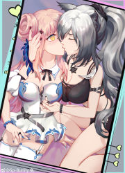 Rule 34 | 2girls, animal ears, arknights, bare shoulders, belt, black nails, black shorts, black tank top, blue feathers, blue nails, bracelet, ceylon (arknights), chinese commentary, collar, commentary, detached collar, dress, eyebrows hidden by hair, feather hair, feathers, female focus, fingernails, garter straps, grey belt, heart, hexagram, highres, jewelry, kiss, long hair, meng tujiang, midriff, multiple girls, nail polish, necklace, pink hair, ponytail, ring, schwarz (arknights), shorts, star of david, tank top, thighhighs, unzipping, weibo logo, weibo watermark, white collar, white dress, white legwear, yuri, zipper