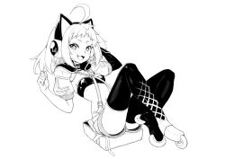 Rule 34 | 1girl, :3, absurdres, ahoge, akita kang, animal ear headphones, animal ears, antenna (dohna dohna), asymmetrical footwear, bag, bandeau, boots, breasts, cat ear headphones, choker, criss-cross suspenders, crossed ankles, dohna dohna issho ni warui koto o shiyou, fake animal ears, fang, full body, greyscale, headphones, highres, huge ahoge, looking at viewer, medium hair, mismatched footwear, monochrome, navel, open mouth, roller skates, short eyebrows, short shorts, short sleeves, shorts, simple background, sitting, skates, skin fang, small breasts, smile, solo, thigh boots