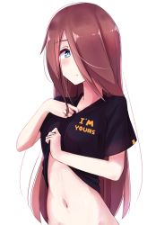 Rule 34 | 1girl, a:n (angrynum), bad id, bad pixiv id, blue eyes, bottomless, brown hair, clothes lift, clothes writing, english text, hair over one eye, highres, long hair, maria (angry num), navel, original, shirt lift, simple background, solo, stomach, upper body, white background