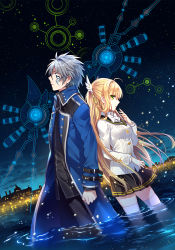 Rule 34 | 1boy, 1girl, back-to-back, blonde hair, blue eyes, clenched hand, coat, dutch angle, from side, full blade ignition, green eyes, hair ornament, highres, long hair, looking at viewer, looking away, looking up, nardack, night, norn origen, official art, pleated skirt, school uniform, short hair, silver hair, skirt, sky, soludo, thighhighs, town, wading, water, white thighhighs, wind