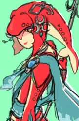 Rule 34 | 1girl, bare shoulders, choker, colored skin, crescent, crescent hair ornament, diamond (shape), fins, fish girl, gem, green background, hair between eyes, hair intakes, hair ornament, half-closed eyes, holding, holding weapon, jewelry, lips, long hair, mipha, monster girl, multicolored skin, necklace, nintendo, no eyebrows, no nose, pink lips, polearm, princess, quistal, red hair, red skin, sidelocks, simple background, smile, solo, spear, standing, the legend of zelda, the legend of zelda: breath of the wild, weapon, white skin, yellow eyes, zora