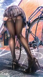 Rule 34 | 1girl, arm behind back, ass, bent over, bicycle, black footwear, brick wall, brown pantyhose, building, commentary request, day, facing away, from behind, grey skirt, heel up, high heels, legs, long sleeves, mary janes, miniskirt, original, outdoors, panties, panties under pantyhose, pantyhose, pantyshot, plaid, plaid skirt, pleated skirt, school uniform, shoes, signature, skirt, skirt tug, solo, standing, underwear, unohana pochiko, white panties