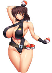 Rule 34 | 1girl, ameoto, armpits, belt, black one-piece swimsuit, breasts, brown eyes, brown hair, cleavage, colored eyelashes, cosplay, covered erect nipples, creatures (company), curvy, female focus, fingerless gloves, game freak, gloves, gym leader, highleg, highleg swimsuit, huge breasts, matching hair/eyes, misty (pokemon), misty (pokemon) (cosplay), navel, nintendo, one-piece swimsuit, poke ball, poke ball (basic), pokemon, pokemon: the electric tale of pikachu, shiny skin, short hair, simple background, slingshot swimsuit, smile, solo, swimsuit, thigh gap, thighs, white background, wide hips