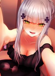 Rule 34 | 1girl, absurdres, alternate costume, bare shoulders, blunt bangs, blush, breasts, cleavage, collarbone, commission, cup, drinking glass, drunk, girls&#039; frontline, green eyes, guchagucha, heart, heart-shaped pupils, heavy breathing, highres, hk416 (girls&#039; frontline), large breasts, licking lips, long hair, open mouth, pixiv commission, solo, spill, symbol-shaped pupils, teardrop tattoo, tongue, tongue out, very long hair, wine glass