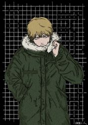 Rule 34 | 1boy, black background, blonde hair, chainsaw man, checkered background, closed mouth, coat, denji (chainsaw man), fur trim, green coat, green jacket, grid, grid pattern, highres, jacket, long sleeves, looking at viewer, nenashibito, short hair, sleeves past elbows, solo, winter clothes, winter coat, yellow eyes